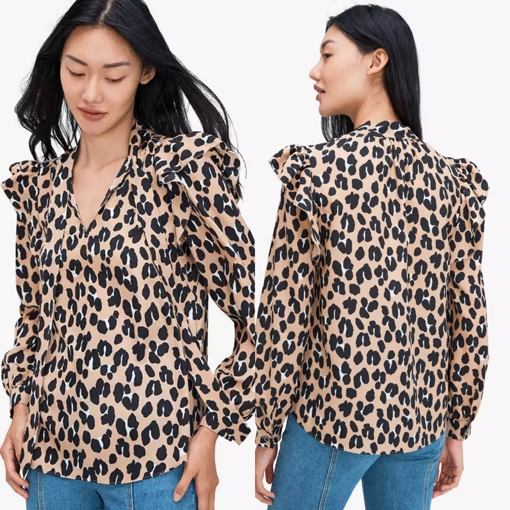 Kate Spade Forest Feline Tie-neck Top